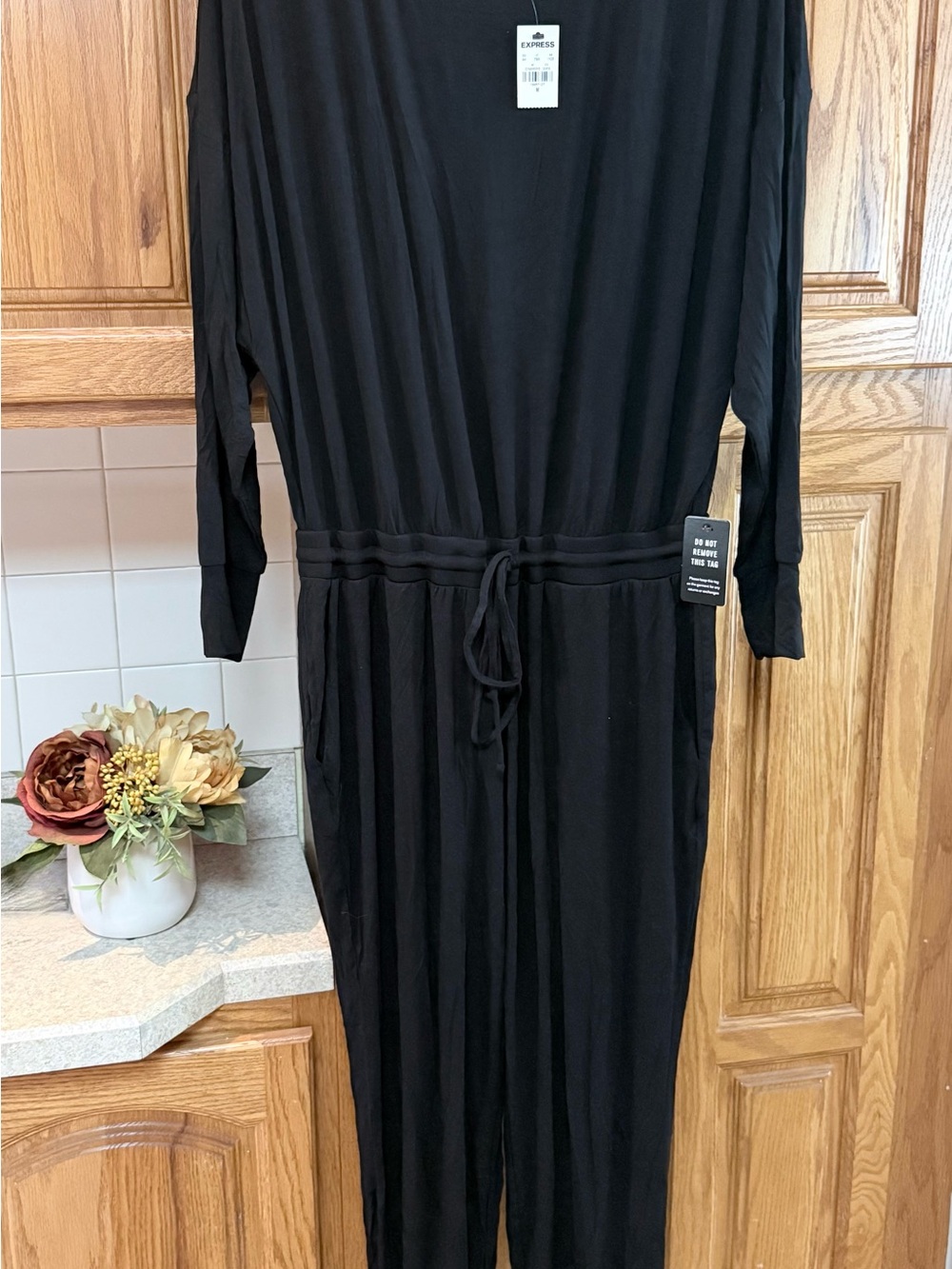 Express Black Long Sleeve Jumpsuit with Waist Tie